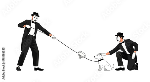 Mime artists playfully walking a dog on a leash, performing a comedic scene