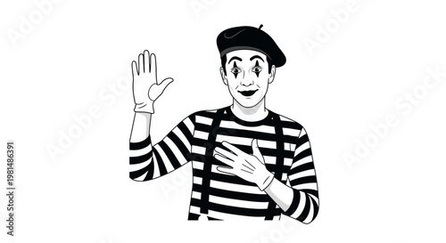 Mime Performer in Beret and Striped Shirt Gesturing with Hand Raised
