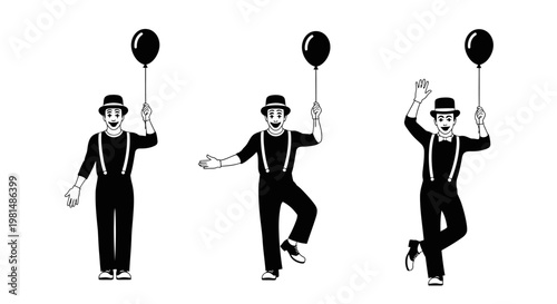 Mime Performer with Balloon in Three Poses: Standing, Dancing, Waving