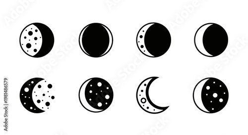 Phases of the Moon Icon Set: Lunar Cycle, Celestial Body, Astronomical Icons