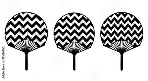 Three Japanese Style Folding Fans with Black and White Chevron Pattern