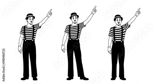 Three Mimes Pointing Upwards, Gesturing, Communicating, Performance Art