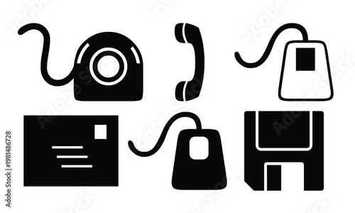 Black Silhouette Retro Tech Icons Set: Tape Reel, Phone Receiver, Computer Mouse, Envelope Mail, Floppy Disk