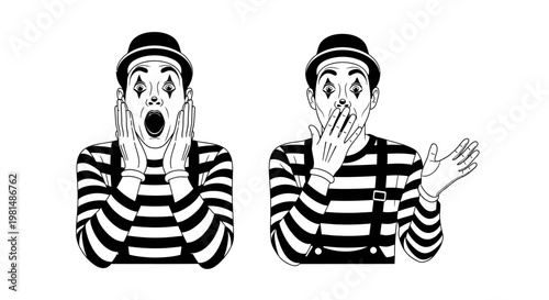 Two Mimes Expressing Shock and Surprise with Dramatic Facial Expressions and Gestures
