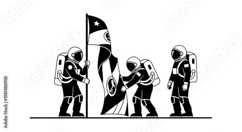 Astronauts planting flag on alien planet, space exploration, teamwork, discovery