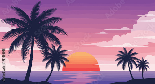 Soft pastel tropical sunset with palm tree silhouettes and calm ocean horizon, dreamy summer beach vector illustration background design