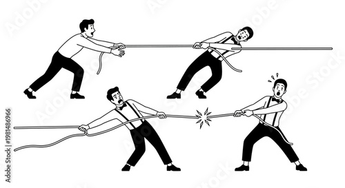 Businessmen in tug of war, competition and struggle, vector illustration