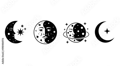 Celestial Moon Phases with Faces and Stars, Cosmic Astrology Symbols