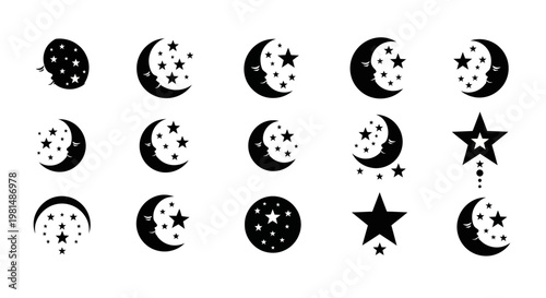 Celestial Icons: Moon Phases and Stars Collection - Black and White Vector Graphics