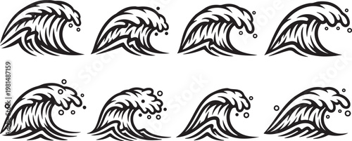 Black and white illustration of a collection of curly hairstyles Vector