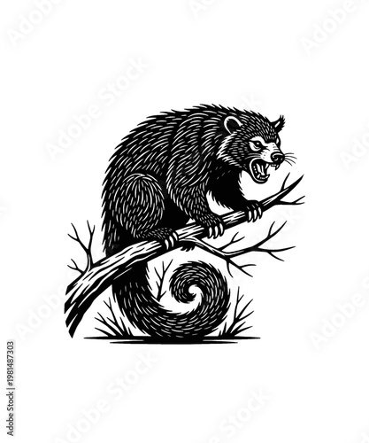 Stylized aggressive badger or wolverine illustration, with sharp claws and bared teeth, perched on a sturdy tree branch.