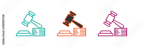 Gavel and judge block icons in three different colors for legal concepts