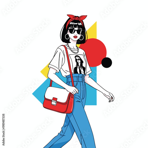 Stylish Young Woman Walking with Trendy Fashion Accessories in Modern City Scene