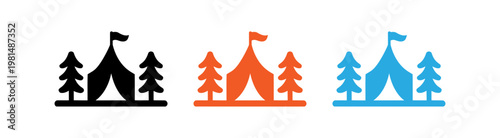 Set of camping tent icons with pine trees in different color variations