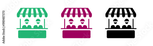 Set of colorful market stall icons with vendors for retail business graphics
