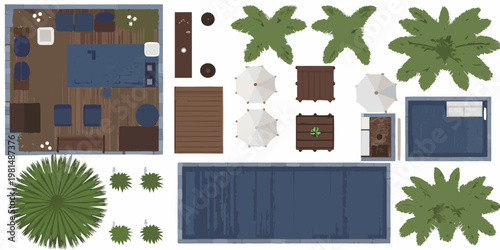 Aerial view of a resort layout with furniture and landscaping elements