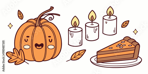 A cheerful pumpkin with candles pie and falling autumn leaves