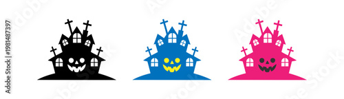 Spooky haunted house icons with jack o lantern for halloween celebrations