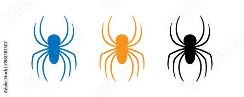 Three spider silhouette icons in different colors for halloween design theme