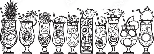 Line drawing of nine intricate and ornate vases with geometric patterns and floral designs. Vector