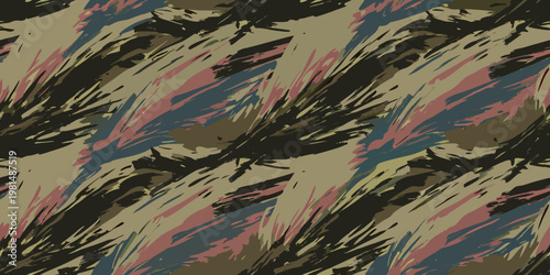 Abstract camouflage pattern with bold strokes of color and texture