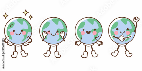 Four adorable earth characters demonstrating different expressive poses