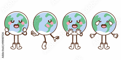 Four cartoon earth characters displaying different expressive hand gestures