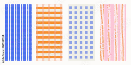Four vertical bands with different colorful striped and checkered patterns