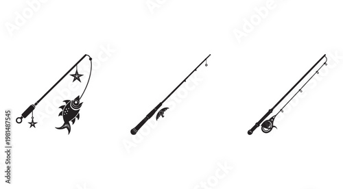 Fishing rods and one rod with fish on hook isolated on white background for outdoor and sport activities