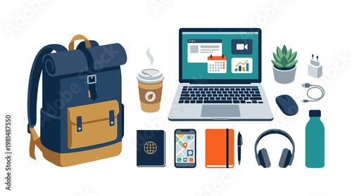 Backpack and travel accessories arranged.