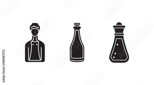 Flat design icons of a chef and two bottles of sauce  kitchen utensils and condiments in a minimalist style