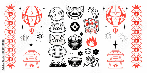 A playful collection of eastern inspired icons and whimsical illustrations