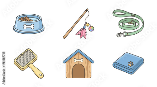 Dog house with pet accessories.