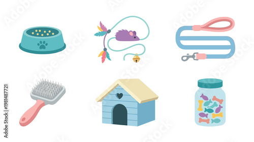 Dog house with pet accessories.