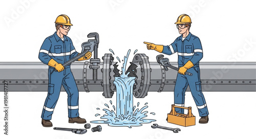 Two construction workers fixing a water pipe leak with tools.