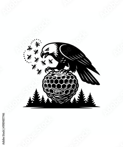 Majestic bald eagle illustration perched atop a textured honeycomb with buzzing bees surrounding the sharp animal design