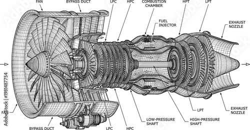 Jet engine turbine blueprint vector cross section detailed mechanical aviation propulsion system with labeled components technical illustration.eps