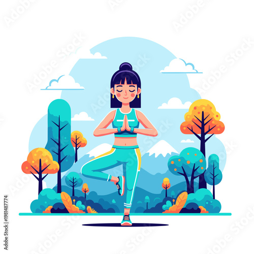 Young woman practicing tree pose yoga in nature landscape vector