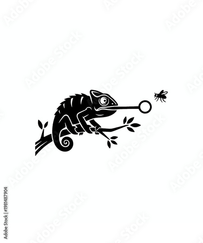 A detailed black and white artistic vector illustration of a hungry chameleon catching a flying house fly