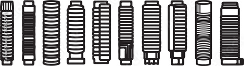 A set of black and white striped fabric swatches arranged in a row Vector