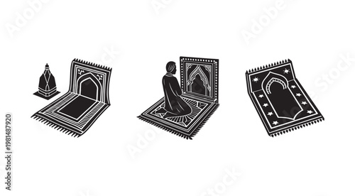 Islamic prayer mats and mosque architecture in black and white illustration  prayer mats with intricate designs and a person kneeling on one of them in a serene and peaceful setting