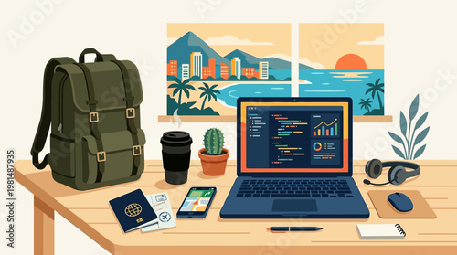 Laptop on a wooden desk.