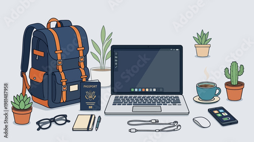 Laptop on desk with office supplies.