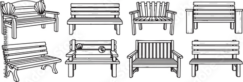 Line drawings of various traditional wooden furniture designs with intricate details Vector