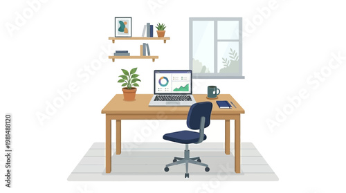 Office Desk with Blue Chair Laptop.