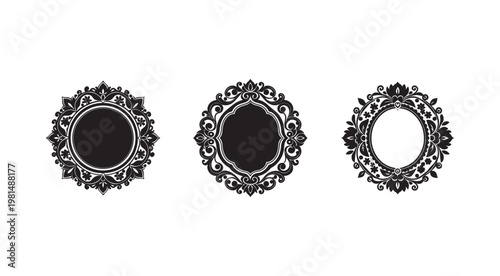 Ornate black and white frames with floral designs  empty picture frames  decorative elements  illustration