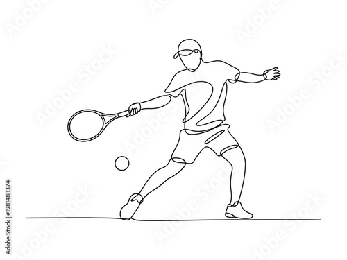 One line drawing of man playing tennis with racket and ball on court surface