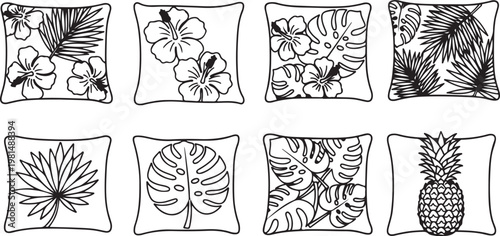 Black and white illustrations of various plants and flowers in decorative vases Vector