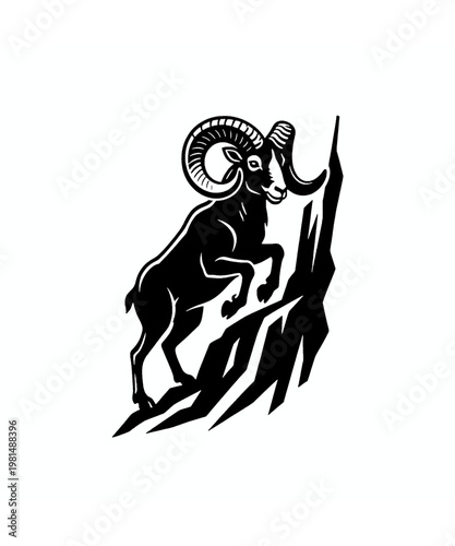 Powerful black and white illustration of a majestic bighorn ram featuring curved horns and a stoic posture