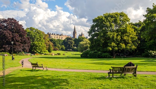 A serene park with green lawns and trees under a cloudy sky